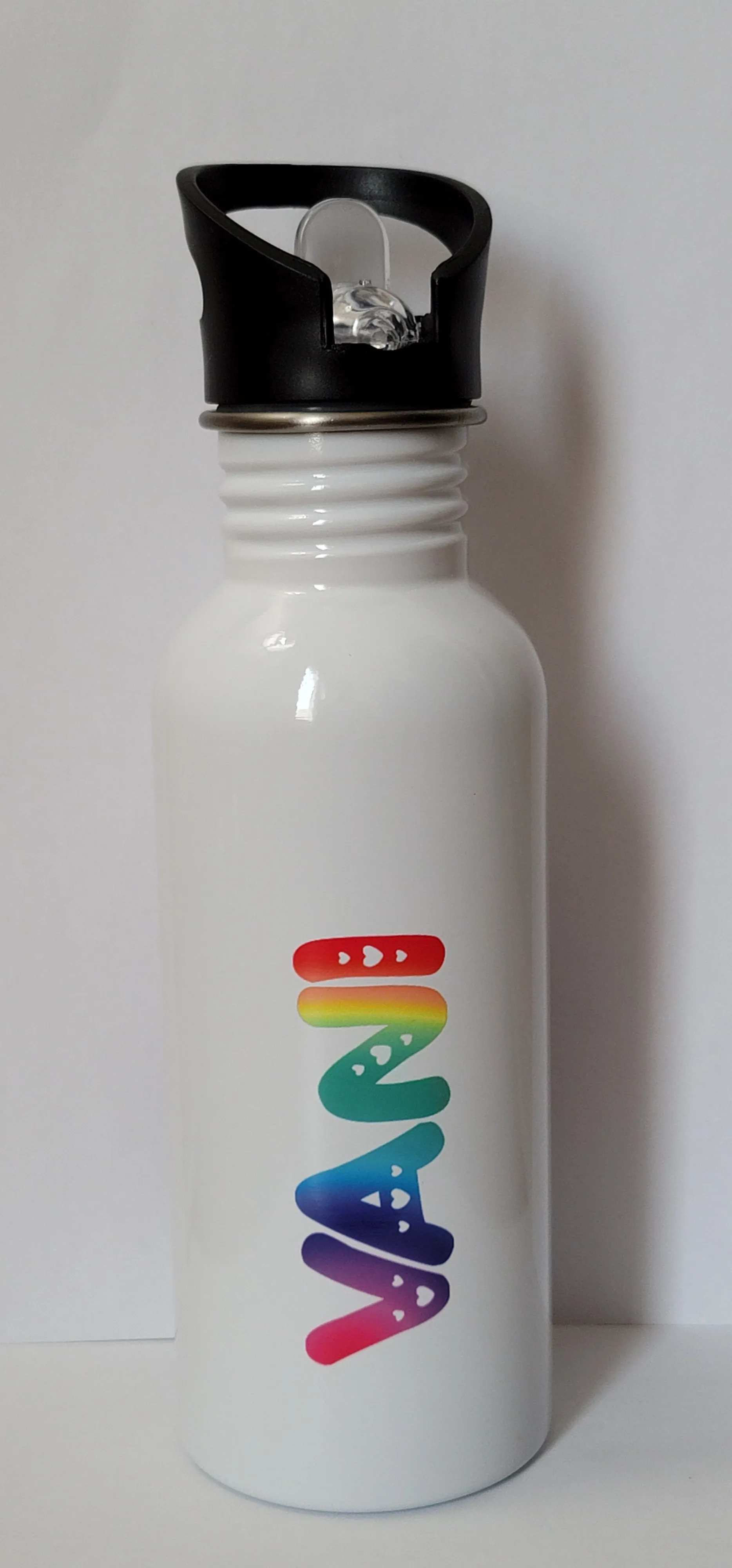 600ml Stainless Steel Water Bottle, White, Straw Top