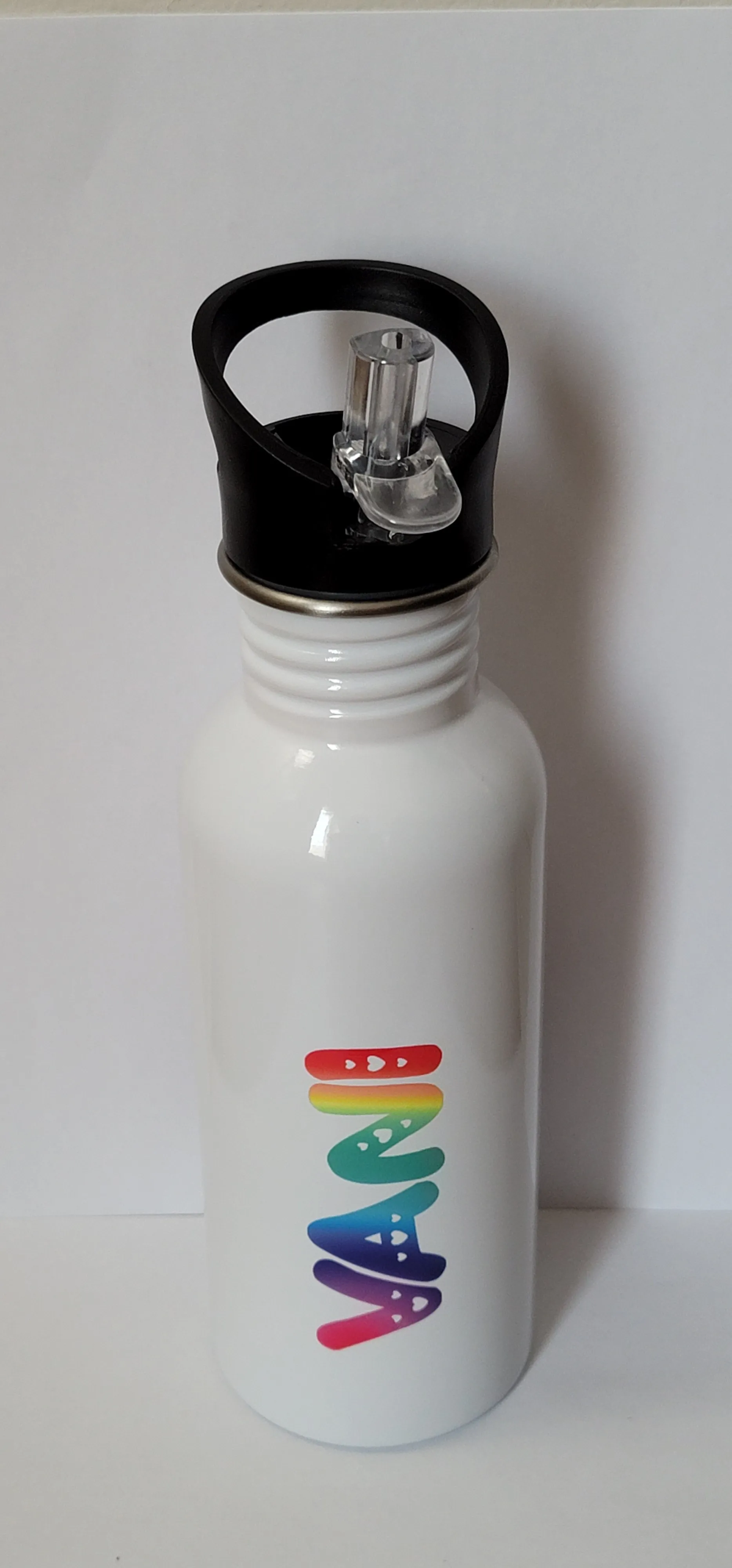 600ml Stainless Steel Water Bottle, White, Straw Top